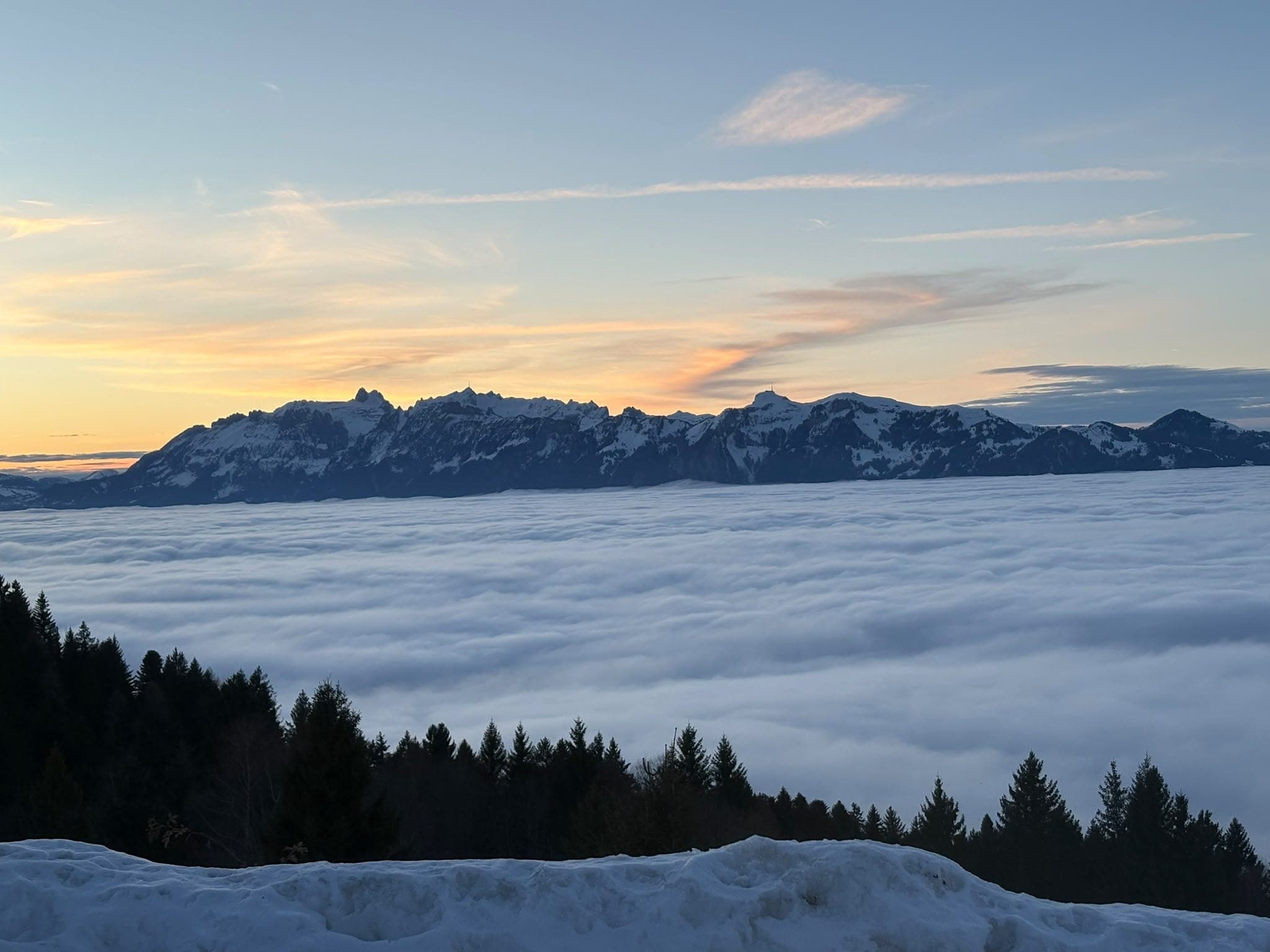 Nebelmeer über dem Rheintal, dahinter die verschneiten Berge